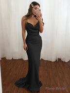 Sheath/Column V-neck Sweep Train NS Elastic Woven Satin Prom Dresses