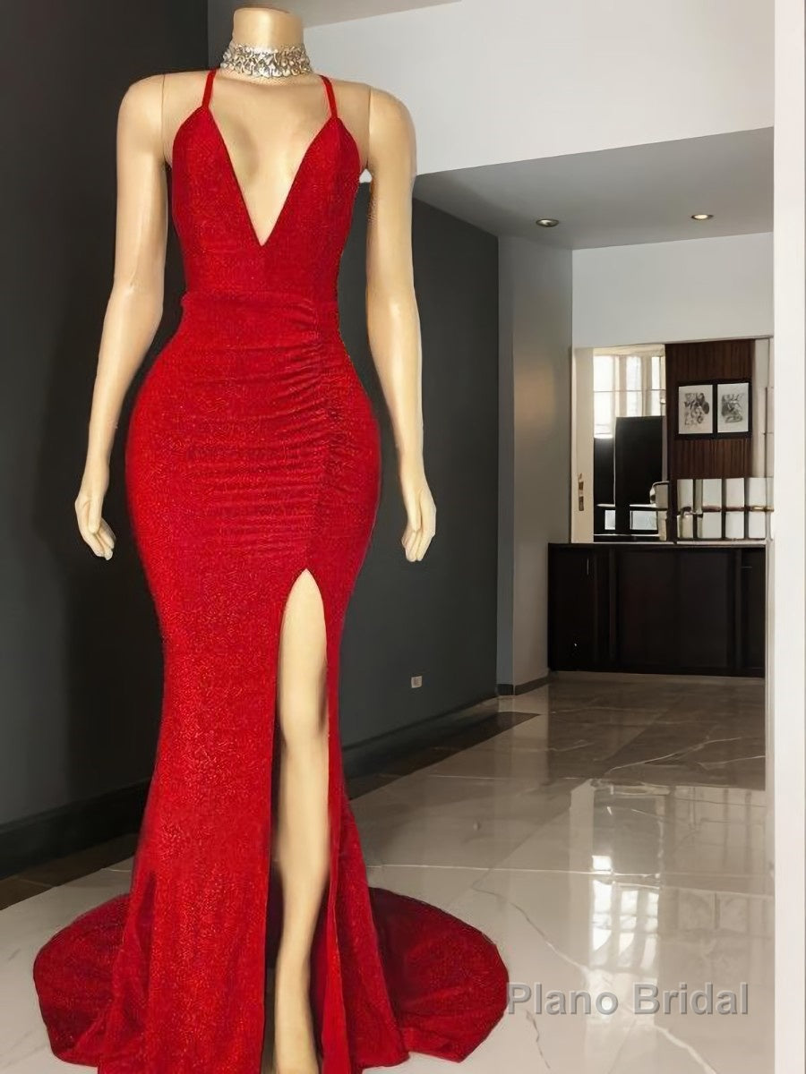 Sheath/Column V-neck Sweep Train Prom Dresses With Leg Slit Main image