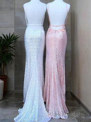 Sheath/Column V-neck Sweep Train Sequins Formal Prom Dresses With Leg Slit