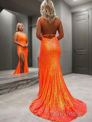 Sheath/Column V-neck Sweep Train Sequins Formal Prom Dresses With Leg Slit