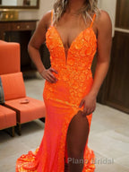 Sheath/Column V-neck Sweep Train Sequins Formal Prom Dresses With Leg Slit