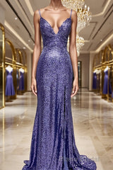 Sheath/Column V-neck Sweep Train Sequins Formal Prom Dresses With Leg Slit