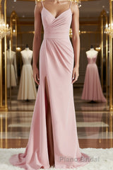 Sheath/Column V-neck Sweep Train Stretch Crepe Bridesmaid Dresses with Leg Slit