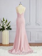 Sheath/Column V-neck Sweep Train Stretch Crepe Bridesmaid Dresses with Leg Slit