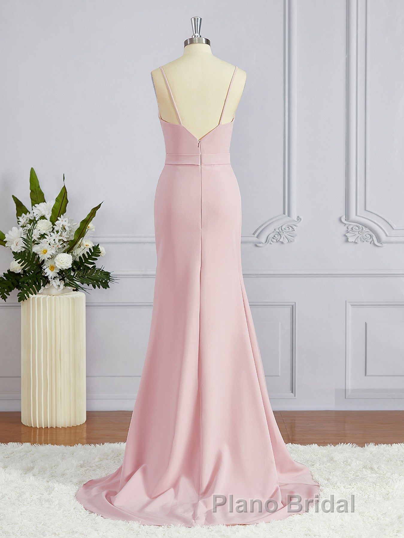 Sheath/Column V-neck Sweep Train Stretch Crepe Bridesmaid Dresses with Leg Slit