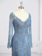 Sheath/Column V-neck Sweep Train Tulle Mother of the Bride Dresses With Appliques Lace