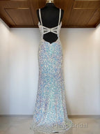 Sheath/Column V-neck Sweep Train Velvet Sequins Formal Prom Dresses With Leg Slit