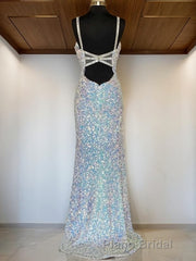 Sheath/Column V-neck Sweep Train Velvet Sequins Formal Prom Dresses With Leg Slit
