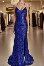 Sheath/Column V-neck Sweep Train Velvet Sequins Formal Prom Dresses With Leg Slit