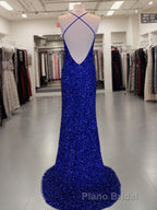 Sheath/Column V-neck Sweep Train Velvet Sequins Formal Prom Dresses With Leg Slit