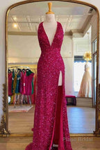 Sheath Deep V Neck Green Sequins Long Prom Dress with Split Front