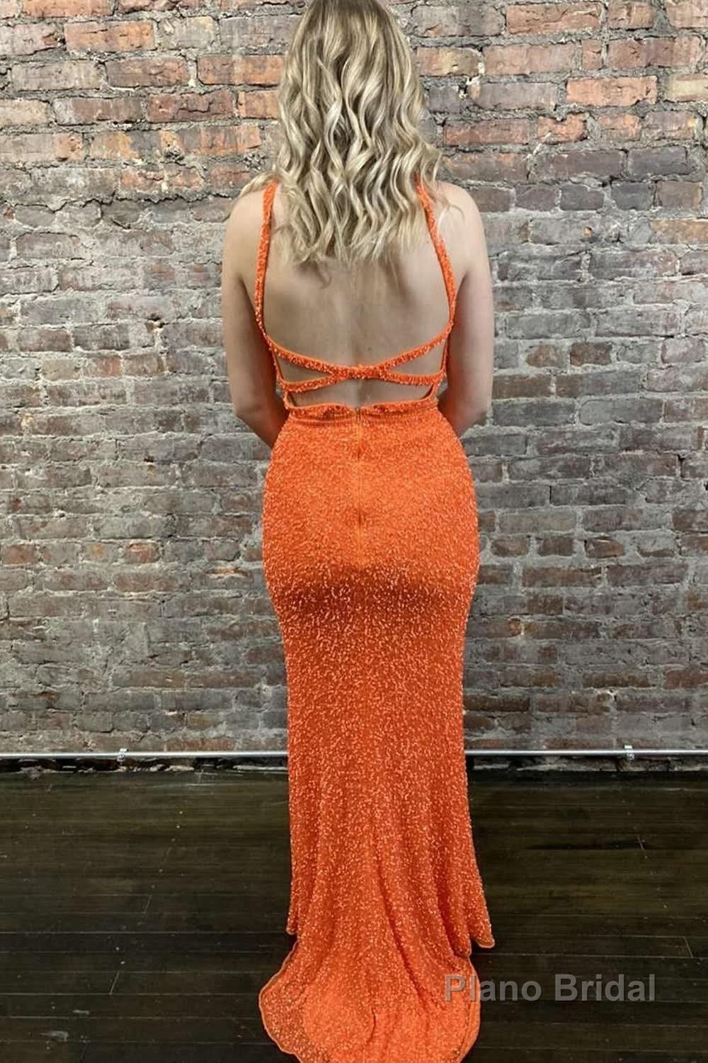 Sheath Deep V Neck Orange Sequins Backless Long Prom Dress Secondary image