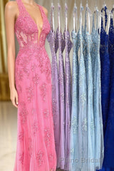 Sheath Halter Lace Tulle Formal Prom Dresses with Appliques