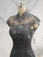 Sheath High Neck Short Sleeves Ruffles Sweep Train Chiffon Mother of the Bride Dress