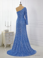 Sheath Long Sleeves Velvet Sequins One-Shoulder Sweep Train Dress