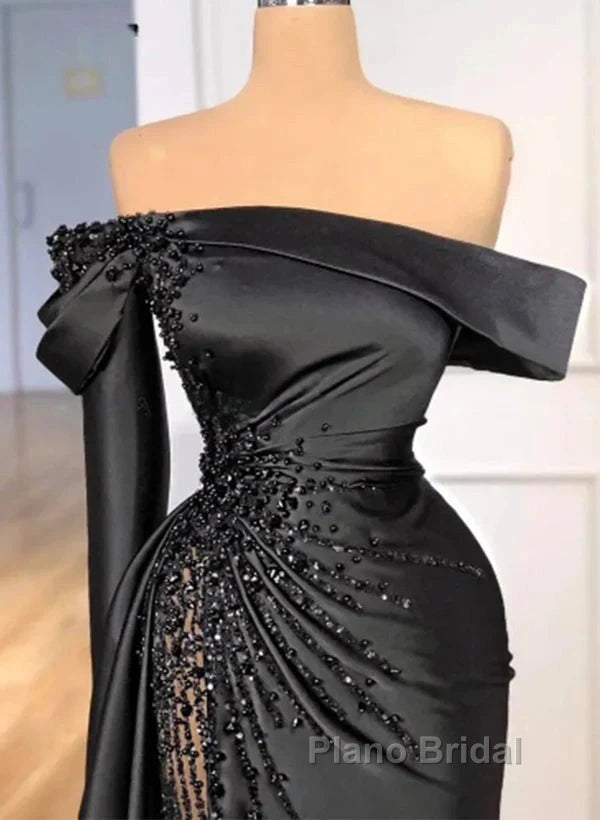 Sheath Off-The-Shoulder Long Sleeves Satin/Sequined Formal Prom Dresses