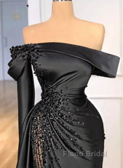 Sheath Off-The-Shoulder Long Sleeves Satin/Sequined Formal Prom Dresses