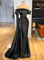 Sheath Off-The-Shoulder Long Sleeves Satin/Sequined Formal Prom Dresses