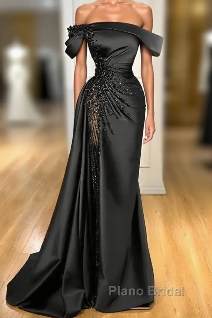 Sheath Off-The-Shoulder Long Sleeves Satin/Sequined Formal Prom Dresses Main image