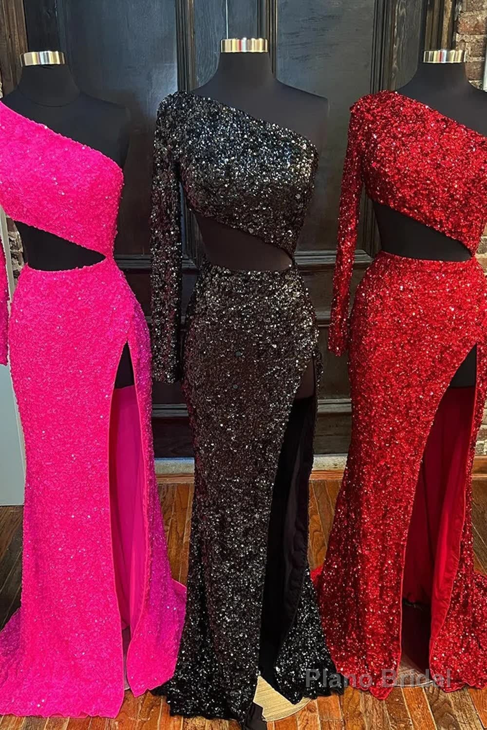 Sheath One Shoulder Red Sequins Long Prom Dress with Silt
