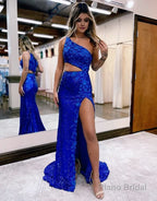 Sheath One Shoulder Sequins Prom Dress with 3D Appliques