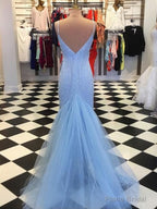 Sheath Spaghetti Straps Light Blue Sequin Prom Dresses