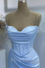 Sheath Spaghetti Straps Satin Pleated Light Blue Long Formal Dresses Bridesmaid Dresses Evening Gown Formal Prom Dresses With Slit