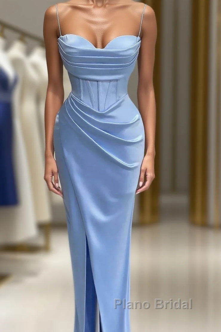 Sheath Spaghetti Straps Satin Pleated Light Blue Long Formal Dresses Bridesmaid Dresses Evening Gown Formal Prom Dresses With Slit Main image
