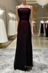 Sheath Spaghetti Straps Tulle Long Formal Prom Dresses With Silt