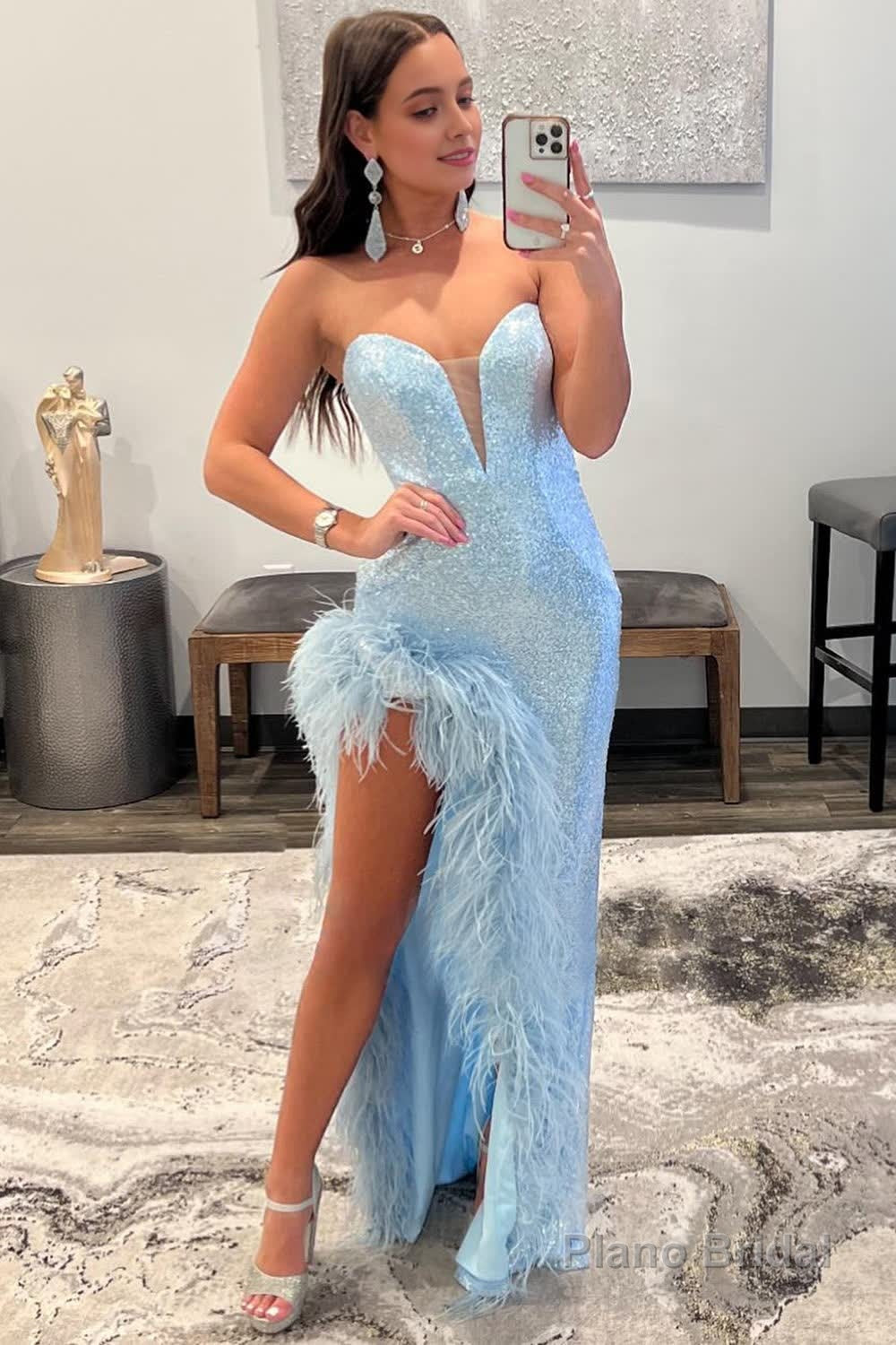 Sheath Sweetheart Light Blue Sequins Long Prom Dress with Feather Main image
