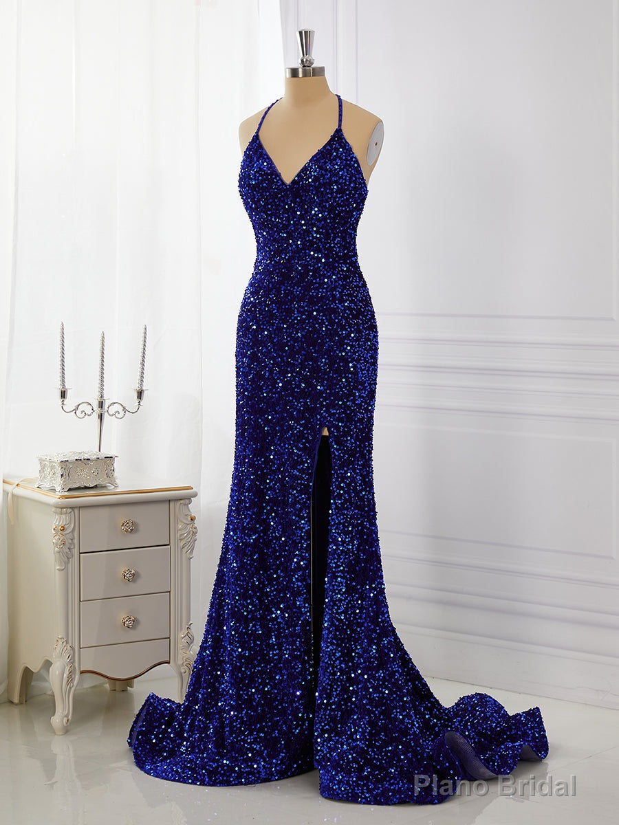 Sheath Velvet Sequins V-neck Sweep Train Dress