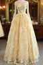 Sheer Appliques Lace A Line Yellow Formal Prom Dresses