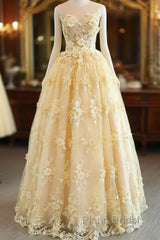 Sheer Appliques Lace A Line Yellow Formal Prom Dresses
