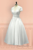 Sheer Back Satin Buttons Tea Length Cap Sleeves Wedding Dresses