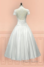 Sheer Back Satin Buttons Tea Length Cap Sleeves Wedding Dresses