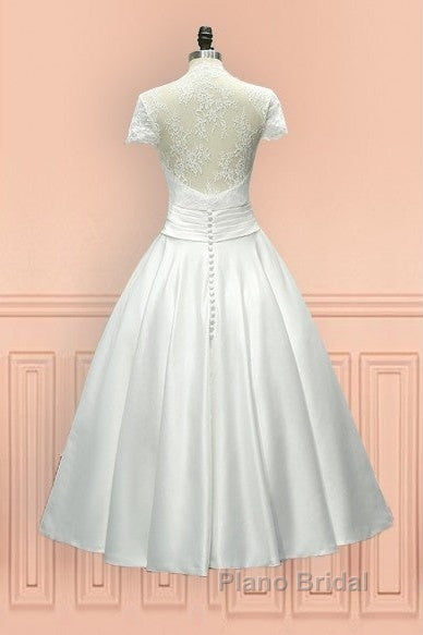 Sheer Back Satin Buttons Tea Length Cap Sleeves Wedding Dresses