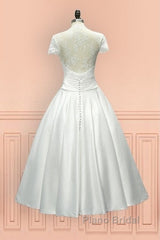 Sheer Back Satin Buttons Tea Length Cap Sleeves Wedding Dresses