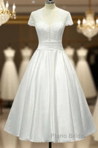Sheer Back Satin Buttons Tea Length Cap Sleeves Wedding Dresses
