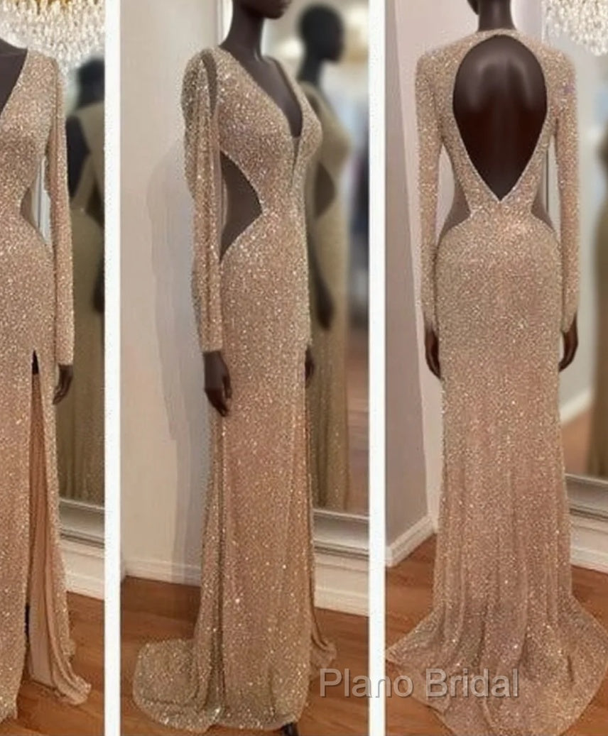 Sheer Sexy Sequins Long Sleeves Formal Prom Dresses Main image