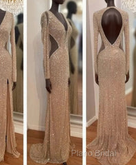 Sheer Sexy Sequins Long Sleeves Formal Prom Dresses