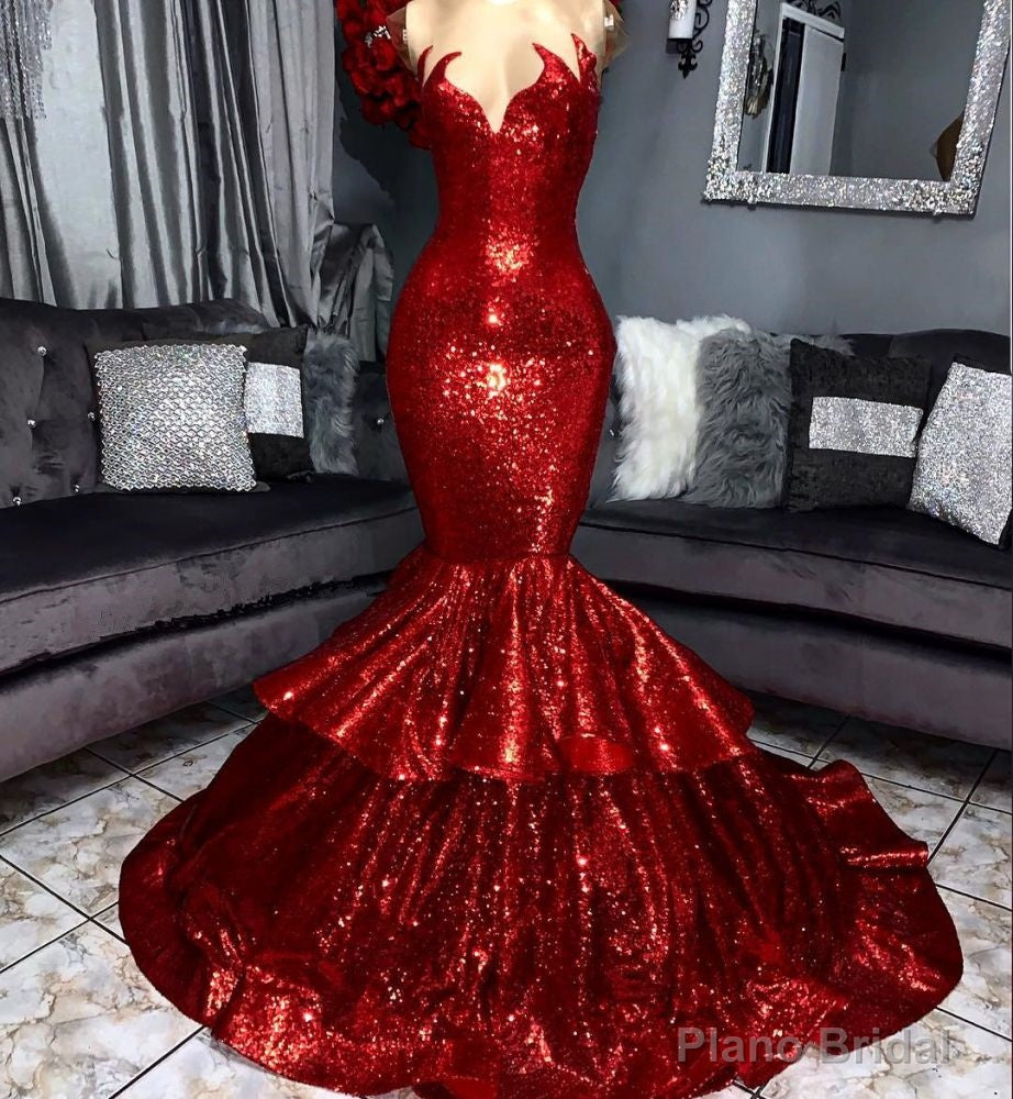 Shining Hot Red Mermaid Prom Party Gowns with Ruffles Secondary image
