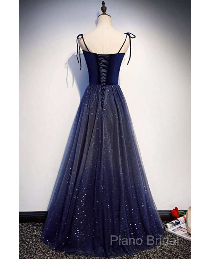 Shining Navy Blue Suede Fine Shoulder Strap Sleeveless Off Shoulder Formal Dresses With Navy Blue A-Line Princess Sequin Backless And Ground Length Ruffled Edge For Formal Dresses