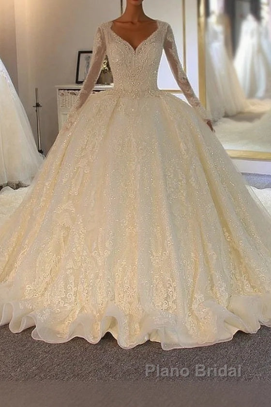 Shinny Long A-line Full Beading Lace-Up Wedding Dresses with Sleeves Main image