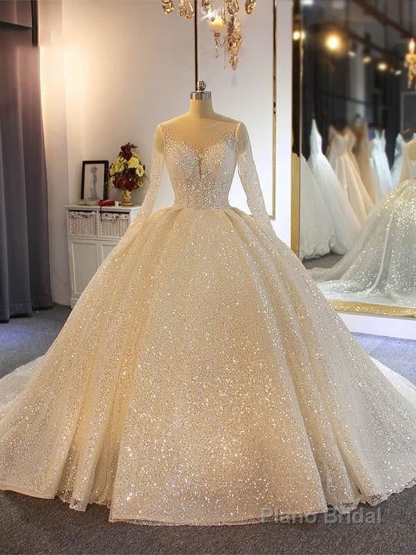 Shinny Long Ball Gown Sweetheart Sparkling Wedding Dresses with Sleeves Main image