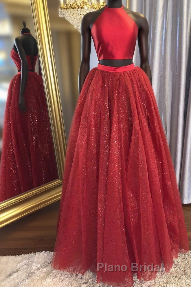 Shiny 2 Pieces Halter Neck Red Long Formal Prom Dress, Two Pieces Red Formal Graduation Evening Dress Main image