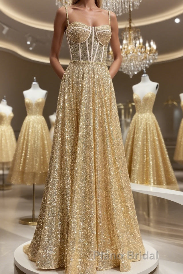 Shiny A Line Spaghetti Straps Gold Formal Prom Dresses Long, Sweetheart Neck Golden Formal Dresses, Gold Tulle Evening Dresses WT1856 Main image