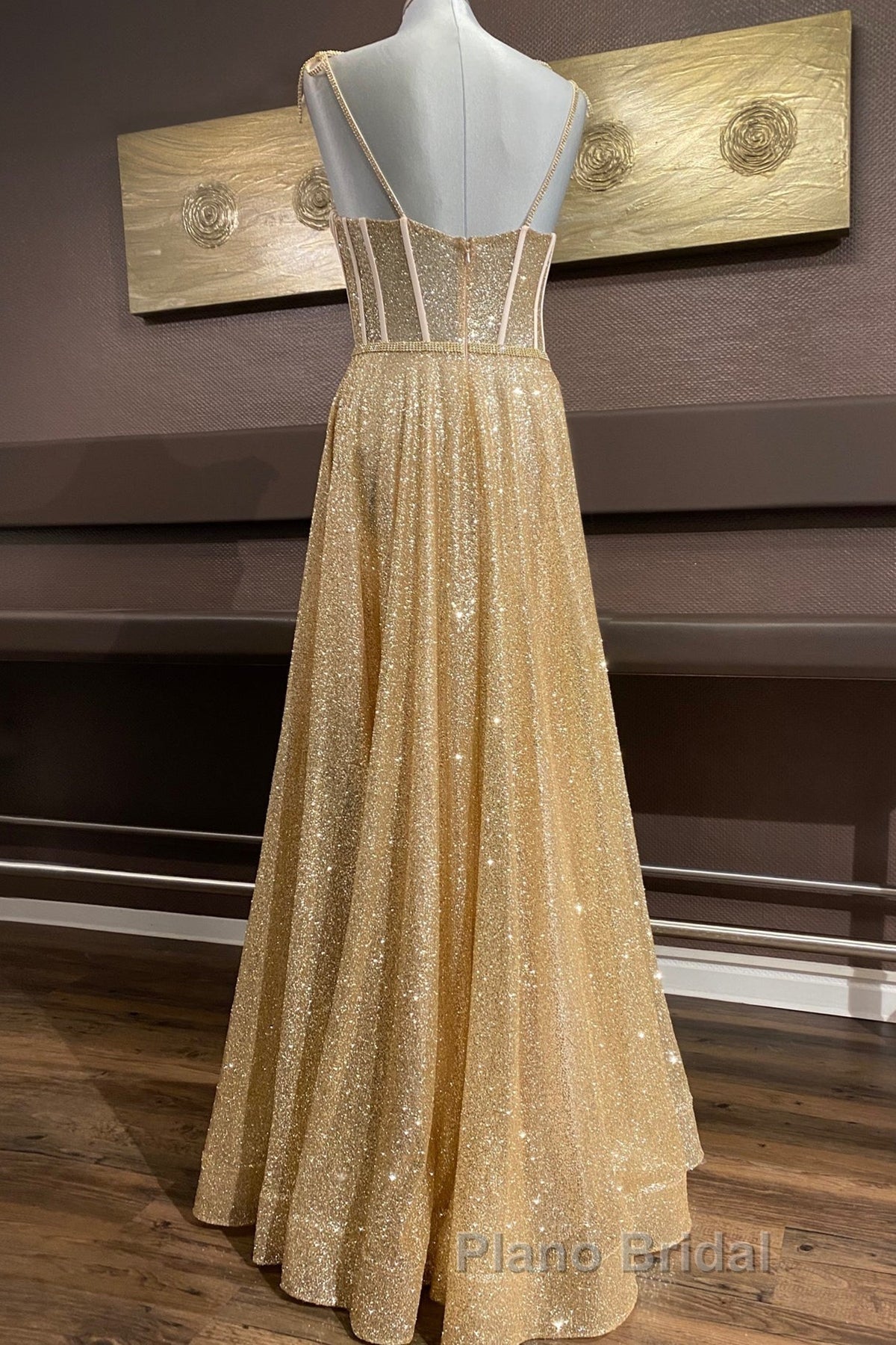 Shiny A Line Spaghetti Straps Gold Formal Prom Dresses Long, Sweetheart Neck Golden Formal Dresses, Gold Tulle Evening Dresses WT1856
