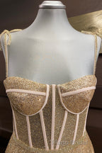 Shiny A Line Spaghetti Straps Gold Formal Prom Dresses Long, Sweetheart Neck Golden Formal Dresses, Gold Tulle Evening Dresses WT1856