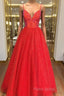 Shiny A Line V Neck Black Red Long Formal Prom Dresses, V Neck Backless Long Formal Dresses
