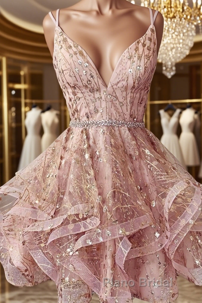 Shiny A Line V Neck Short Champagne Lace Formal Prom Dresses, Short Champagne Lace Formal Homecoming Dresses